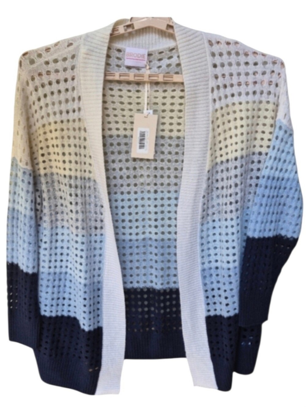 NWT Brodie 100% Cashmere Pointelle Open Knit Striped Cardigan Size L